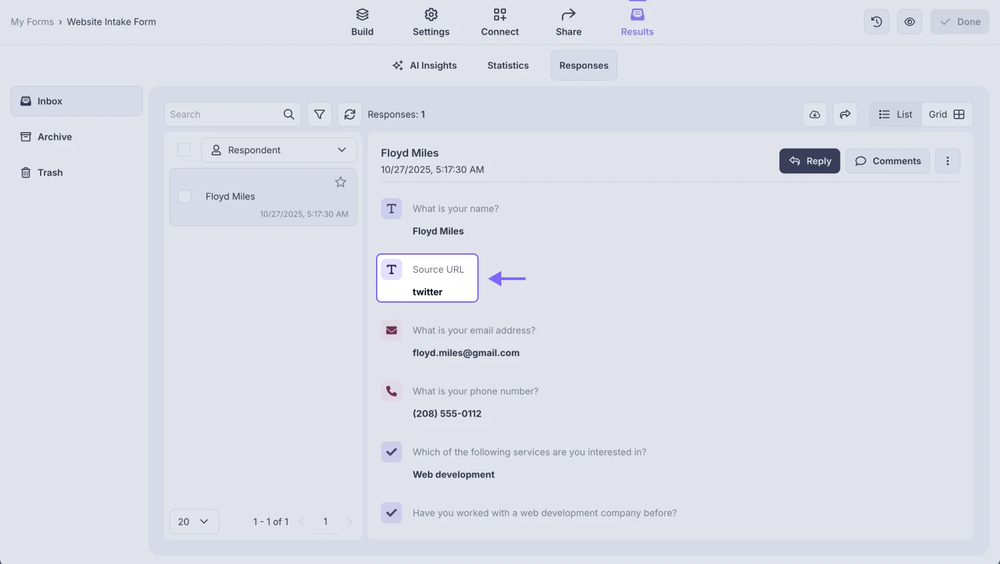 An image showing the response example of the field you made hidden and how it looks within your form answers
