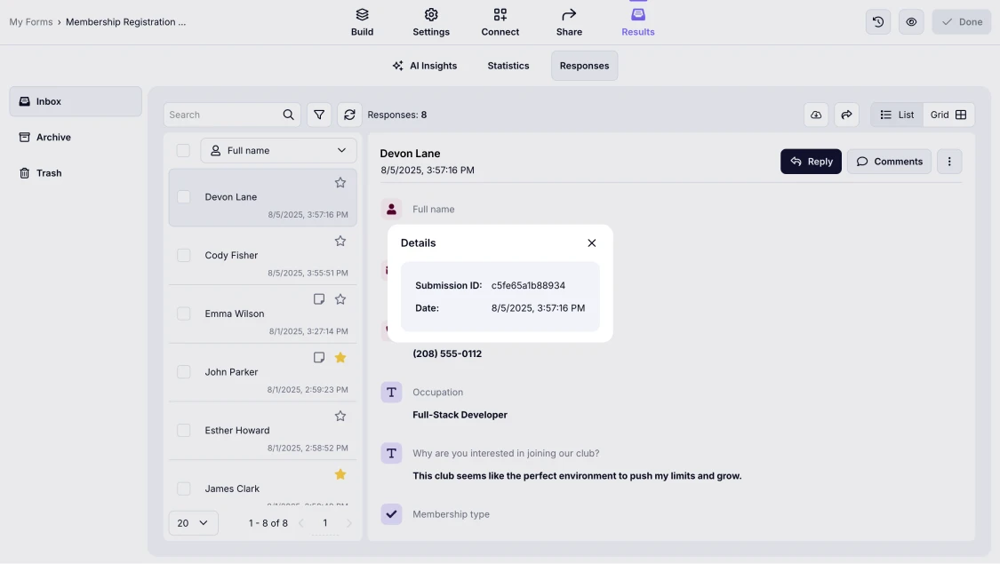 An image showing the pop-up page for the form details