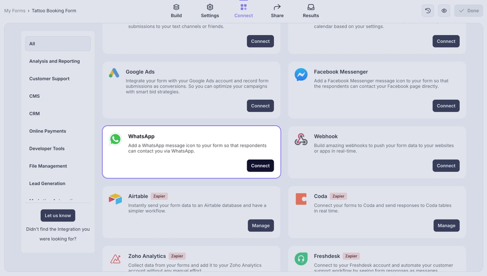 An image showing the “WhatsApp integration” button, which you can easily find by accessing the “Connect” tab