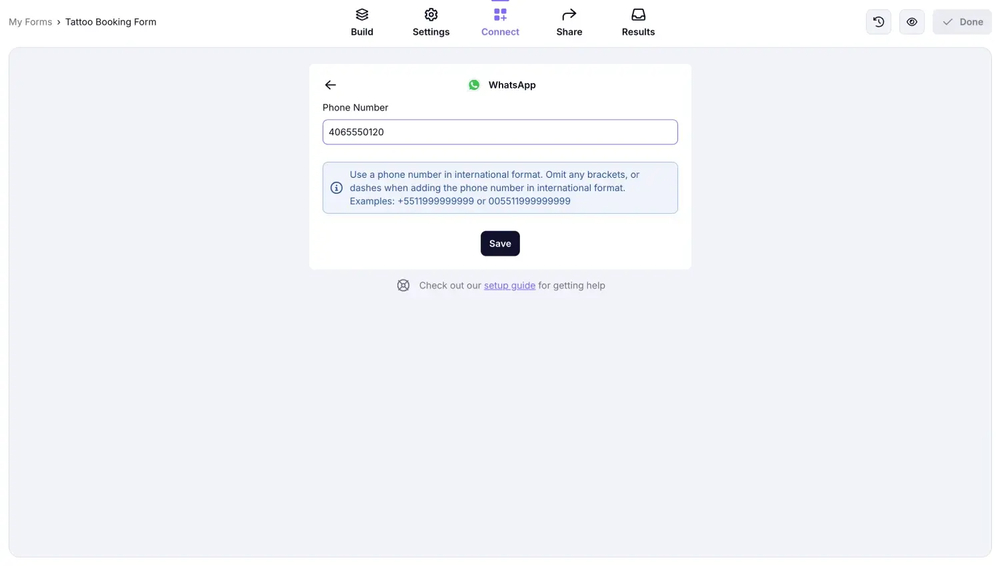 An image showing the page where you will need to enter your phone number, which is connected to WhatsApp, to start the integration