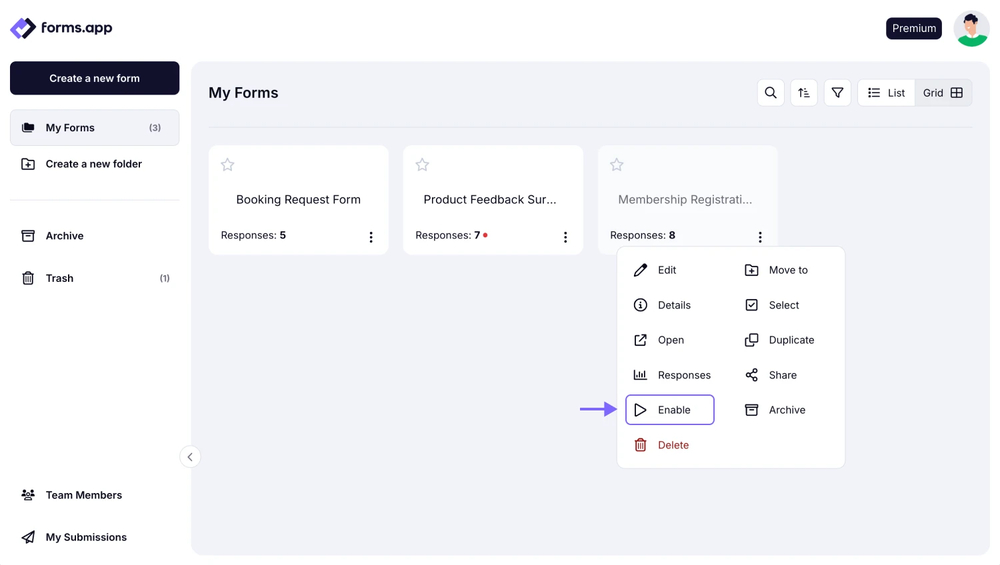 An image showing where you can enable your form from the “Dashboard” in case it was disabled