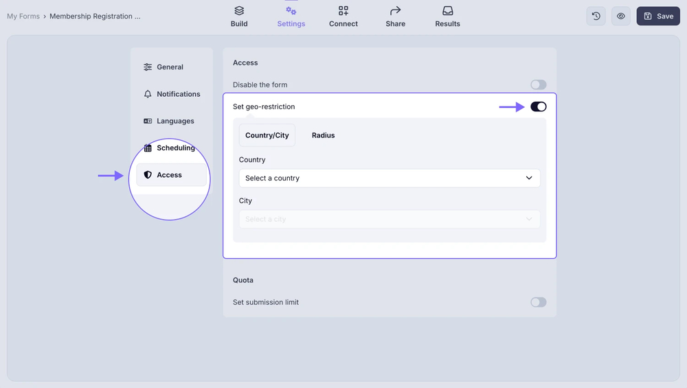 An image showing the “Set geo-restriction” setting, which can help you open your form for submissions only for a particular location