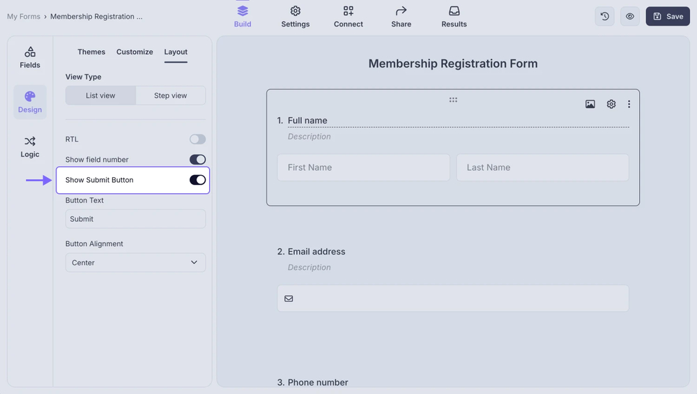 An image showing the “Show Submit Button” setting in the “Design” section, which allows you to show or hide the submit button of your form according to your needs
