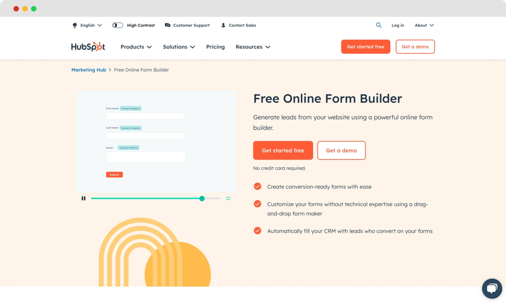 Homepage of Hubspot's form builder&nbsp;