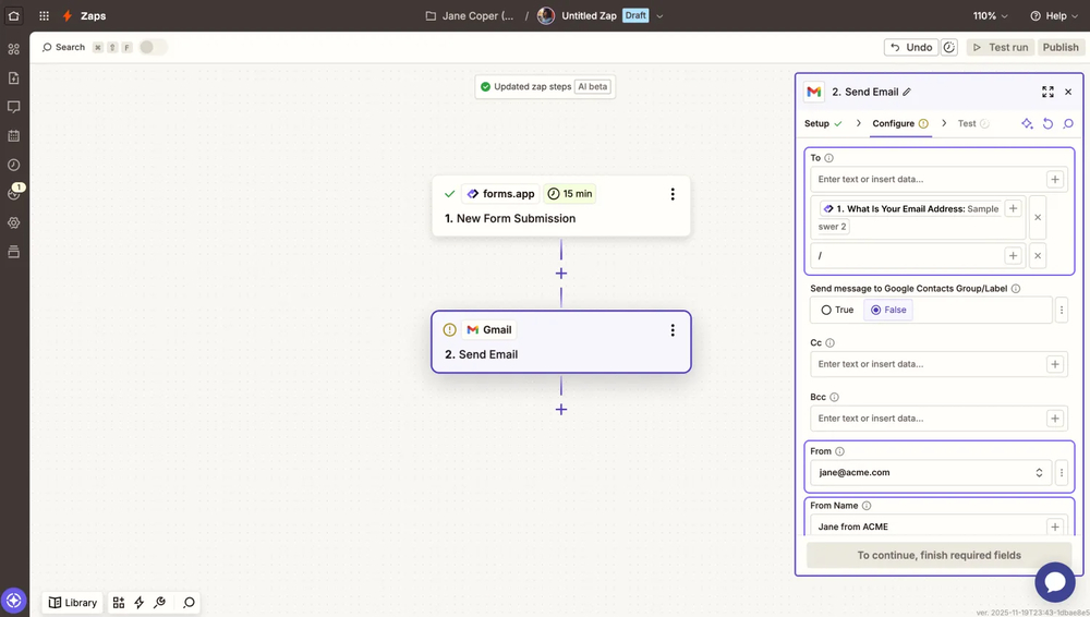 An image showing the “Configure” tab where you will need to match the form fields with the properties