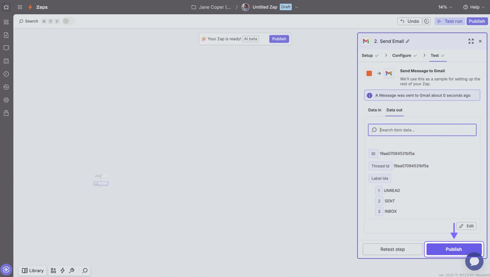 An image showing the “Publish” button that will publish your Zapier integration and automatically send your form responses to your applications
