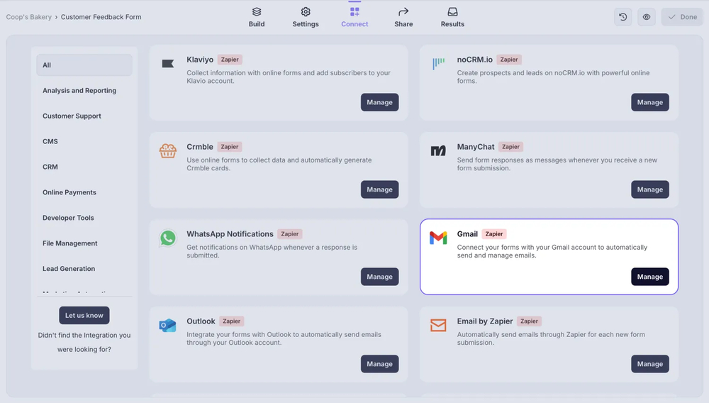 An image showing the “Connect” section, where you can find the tool for the integration by searching for it