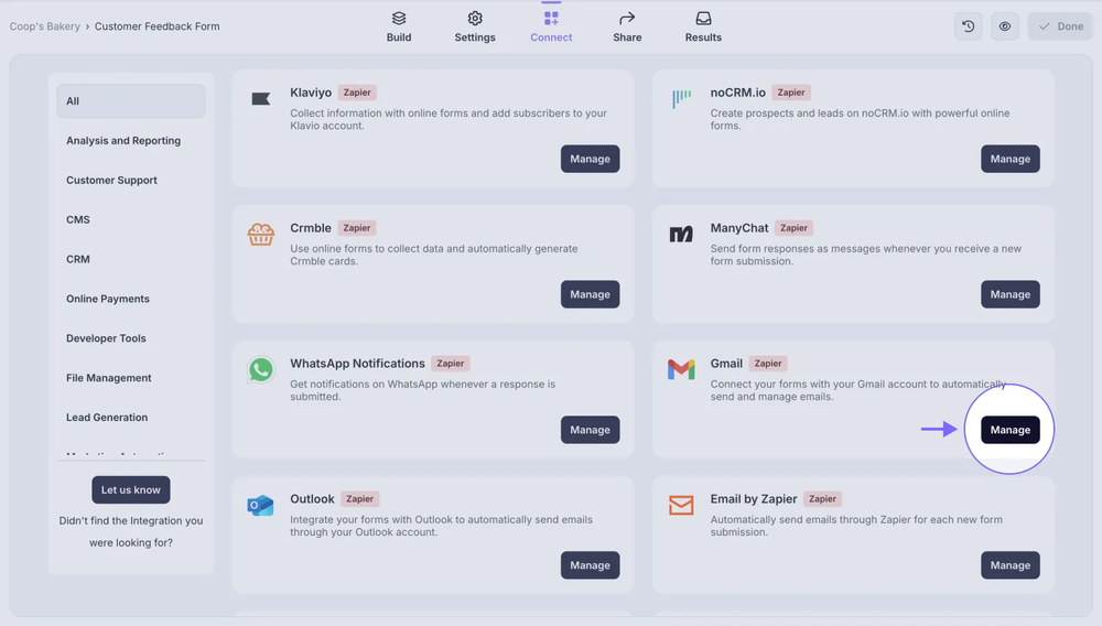 An image showing the “Manage” button you need to click to start setting up the integration