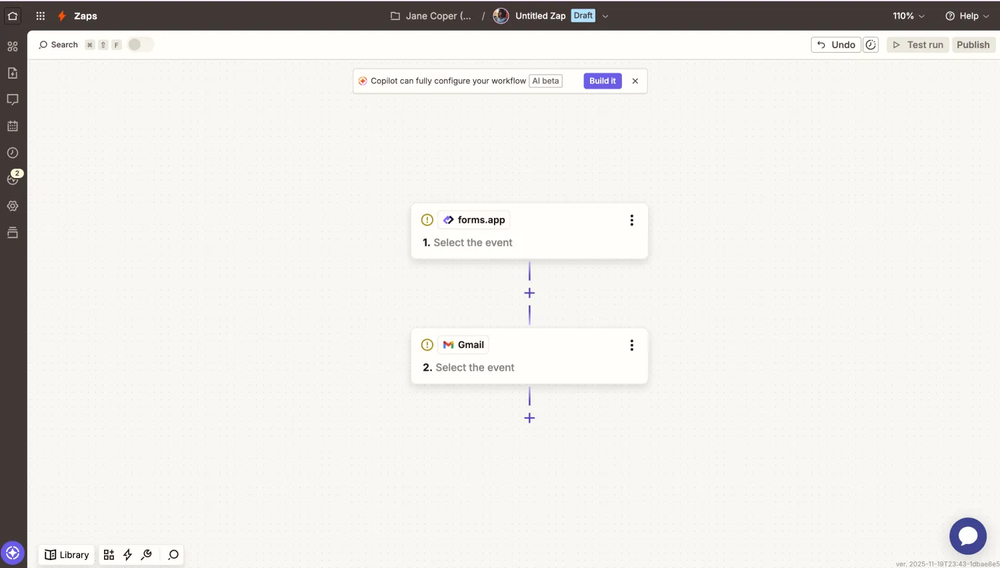 An image showing the “Zap editor” screen, which you will access after signing in to Zapier