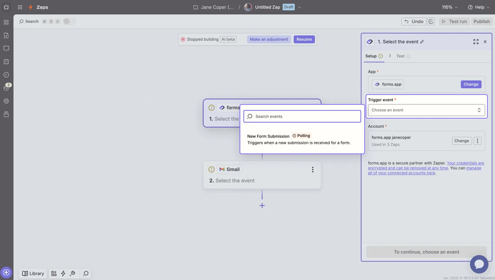 An image showing how you can set the “New Form Submission” as a trigger by firstly clicking the forms.app element in the editor screen