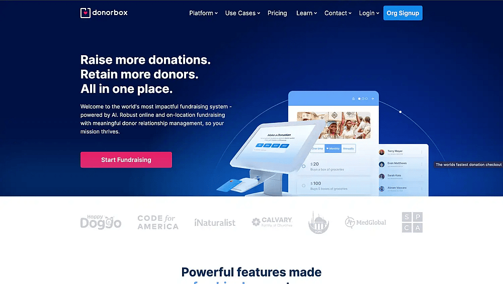 A página inicial do Donorbox CRM