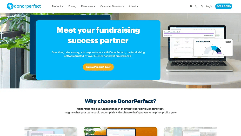 A página inicial do DonorPerfect CRM
