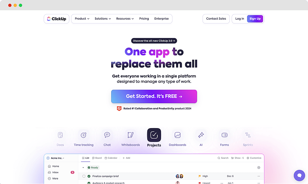 The homepage of ClickUp