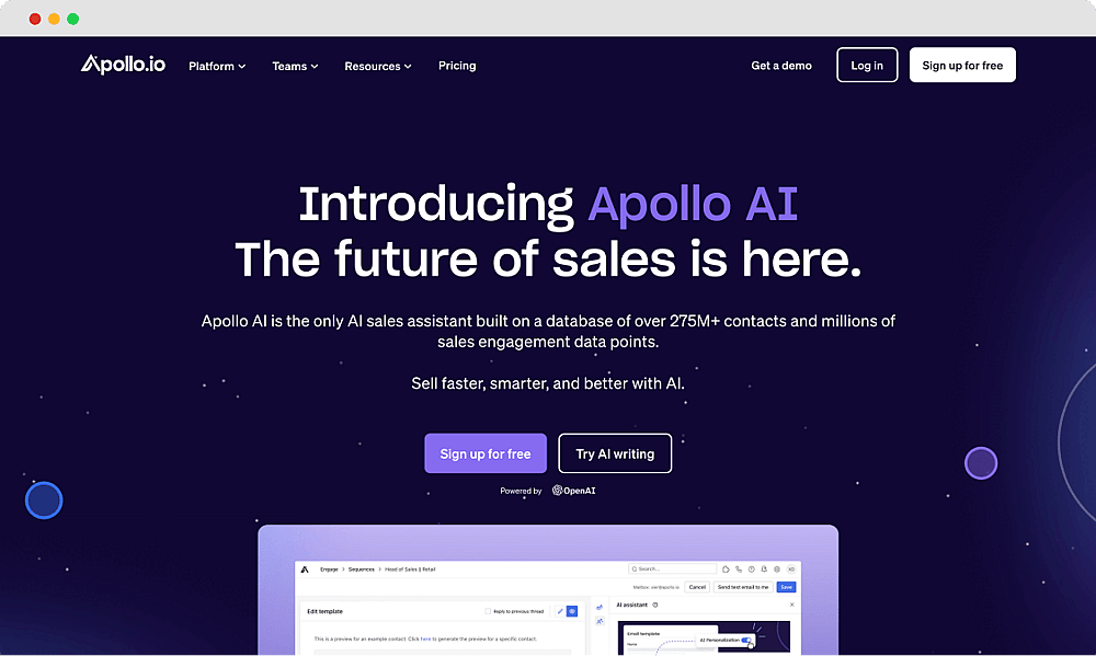 The homepage of Apollo.io