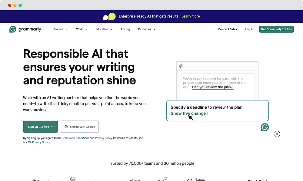 The homepage of Grammarly