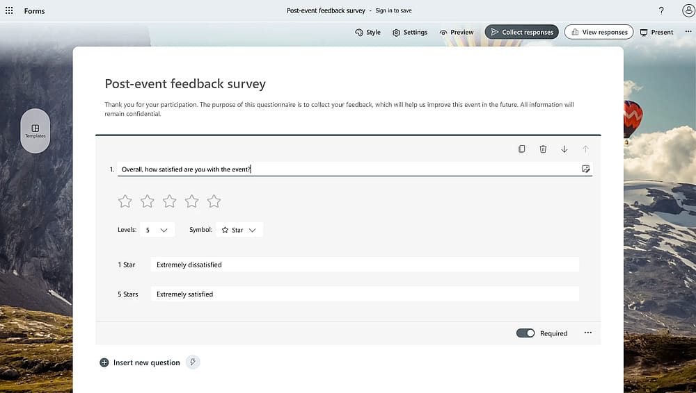 Workspace of Microsoft Forms