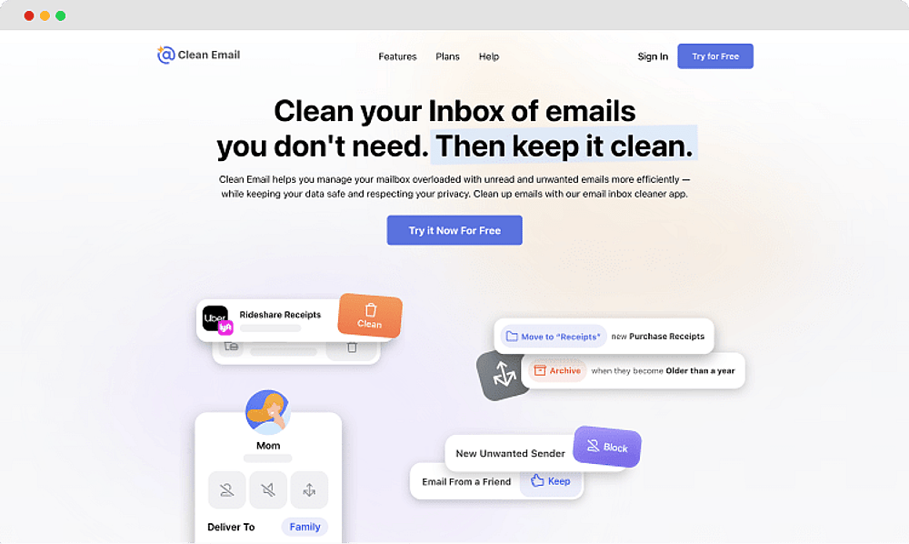 La página de inicio de Clean Email