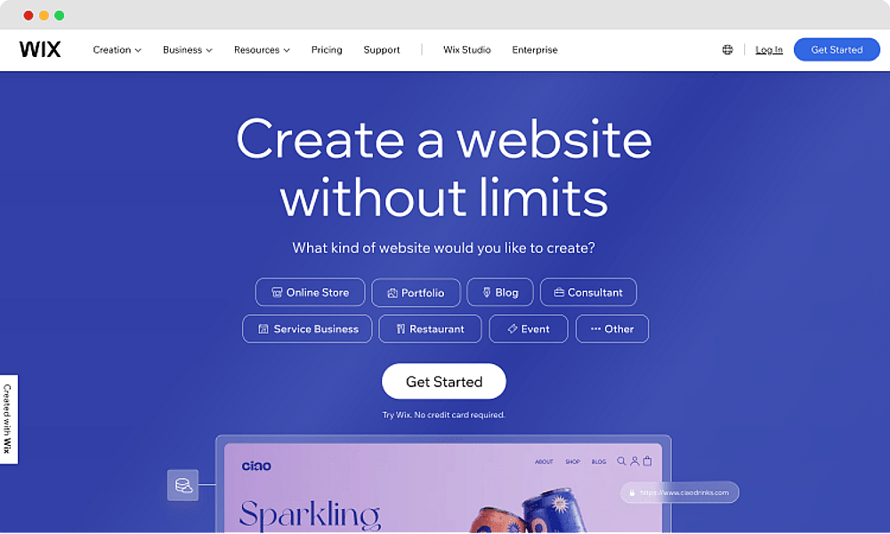 La página de inicio de Wix