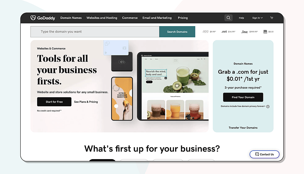 The homepage of GoDaddy
