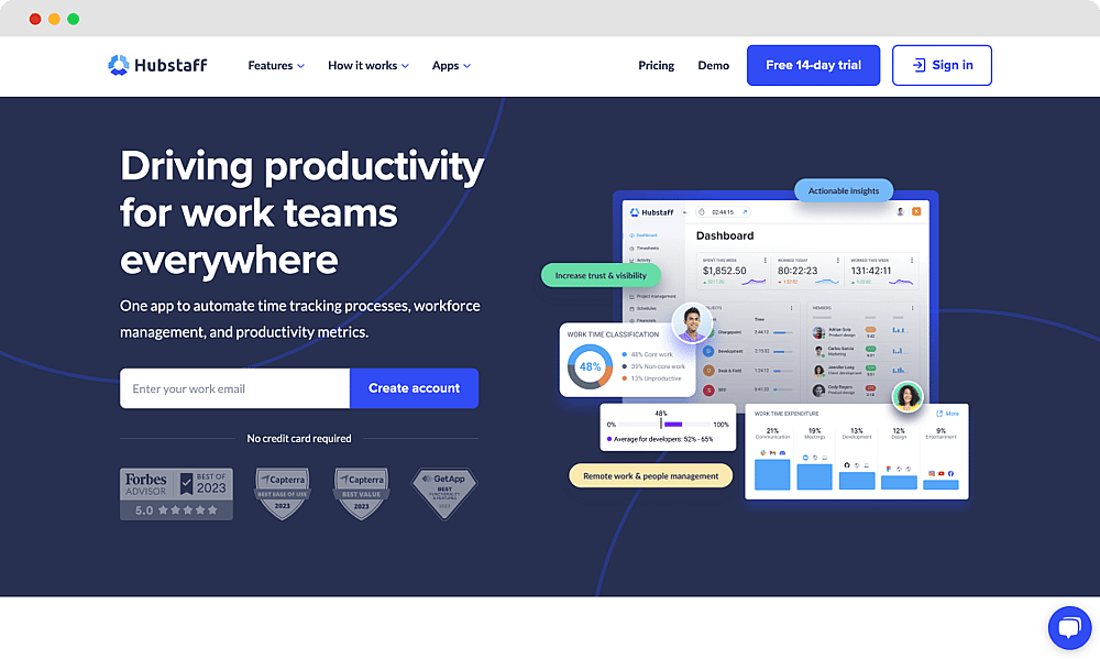 The homepage of Hubstaff