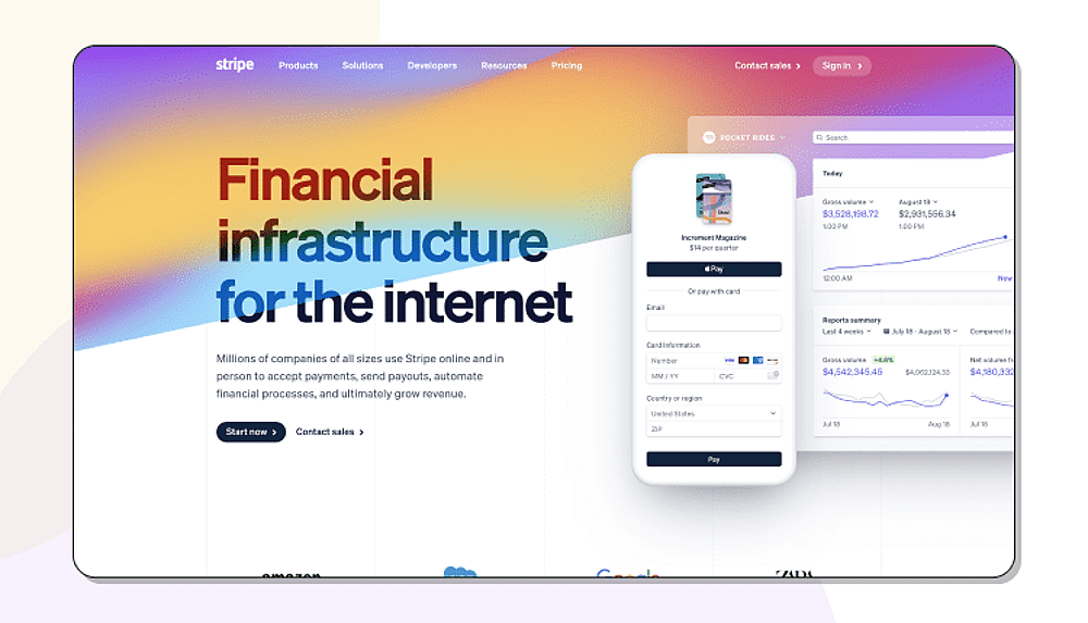 The homepage of Stripe