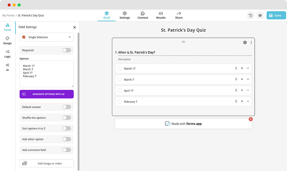 Adding questions and fields to your St. Patrick’s Day quiz