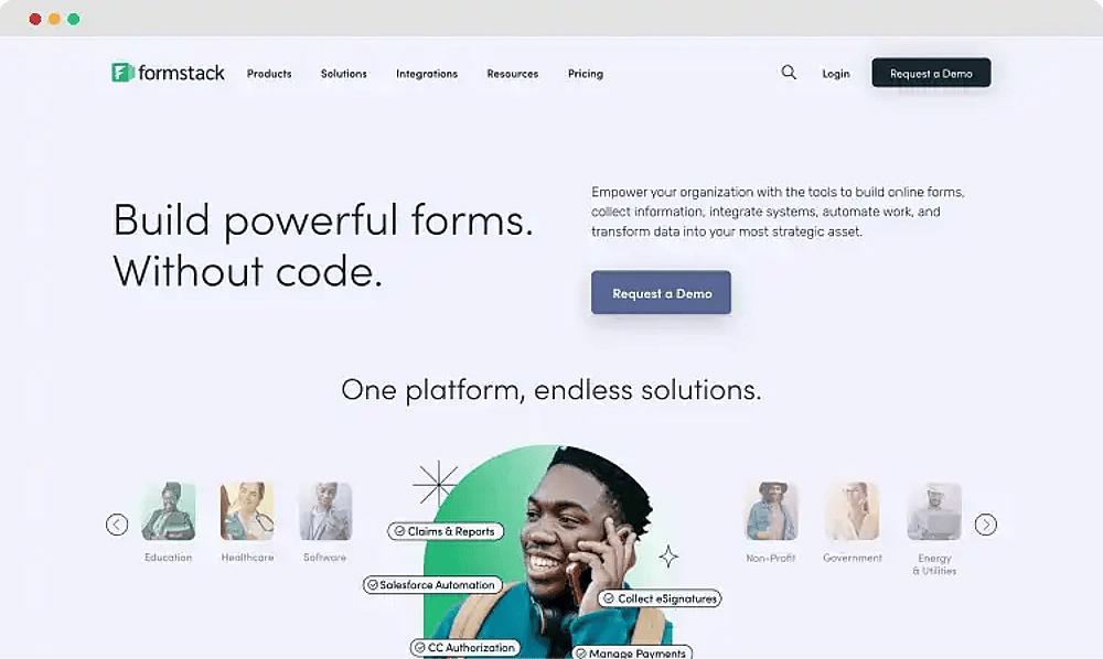 La página de inicio de Formstack