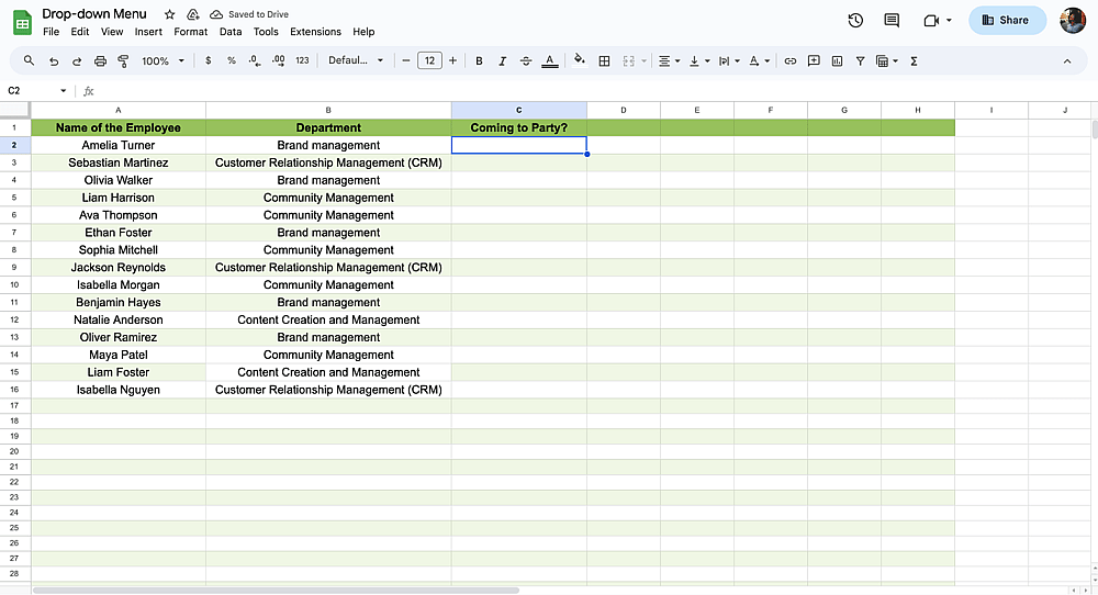 Select the cell for the drop-down menu