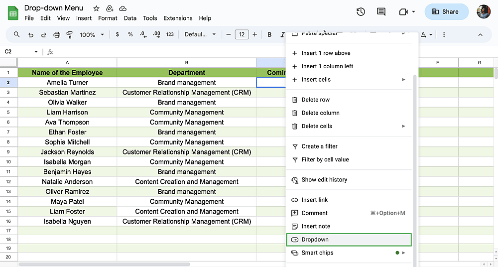 Right-click and choose Dropdown