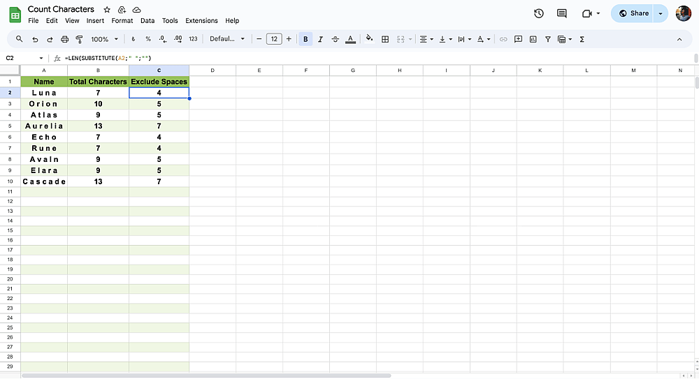 Leerzeichen ausschließen zählen in Google Sheets