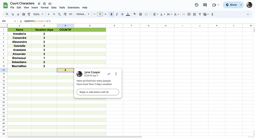 Die ZÄHLENWENN-Funktion in Google Sheets