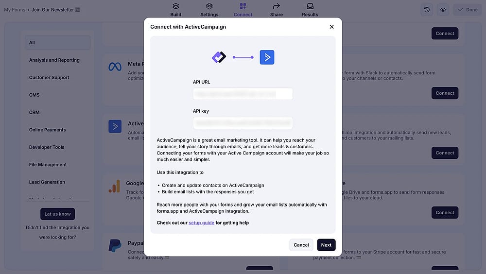 An image showing the area from the “Connect” section where you need to enter the API URL and key on your “ActiveCampaign” account
