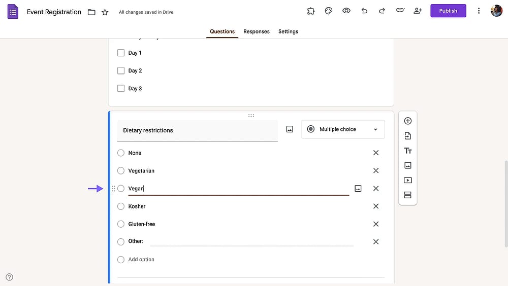 Google Forms'da bir alan seçme