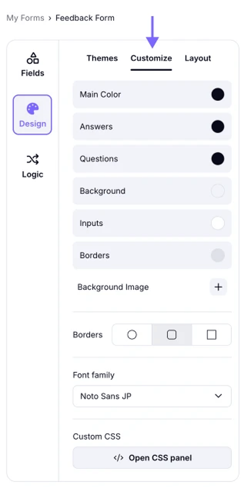 An image showing how you can access the Customize tab by opening the Design section from the left