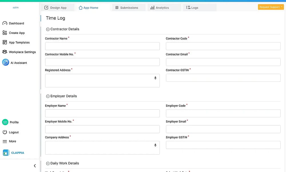 The app builder screen from Clappia