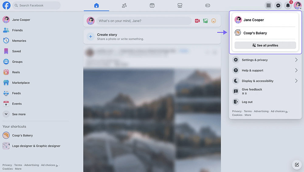 An image showing a dropdown menu with pages opening once you click your profile picture