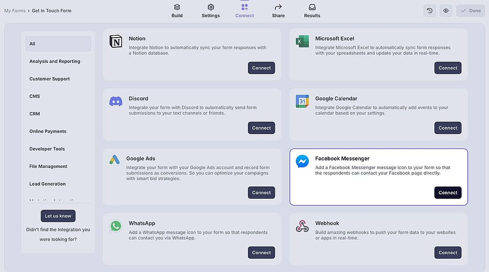 An image showing the “Facebook Messenger integration” button, which you can easily find by accessing the “Connect” tab