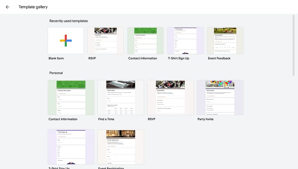 Template gallery of Google Forms