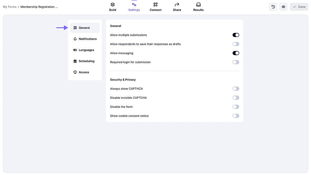 An image showing the area in the Settings section where you can set up all the General settings