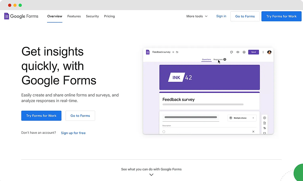 A página inicial do Google Forms