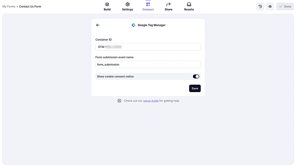 An image showing the area from the “Connect” section where you will need to enter your Tag Manager Container ID and enable the “Show cookie consent” toggle