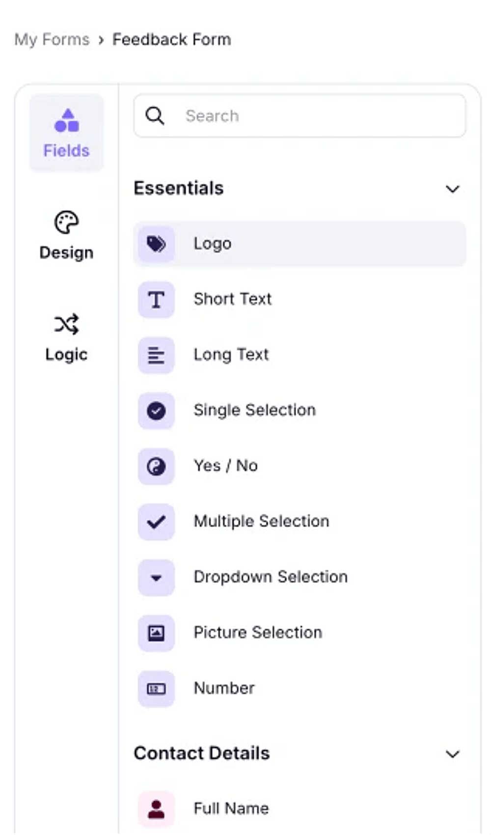 An image highlighting the Logo field in the field menu on the left