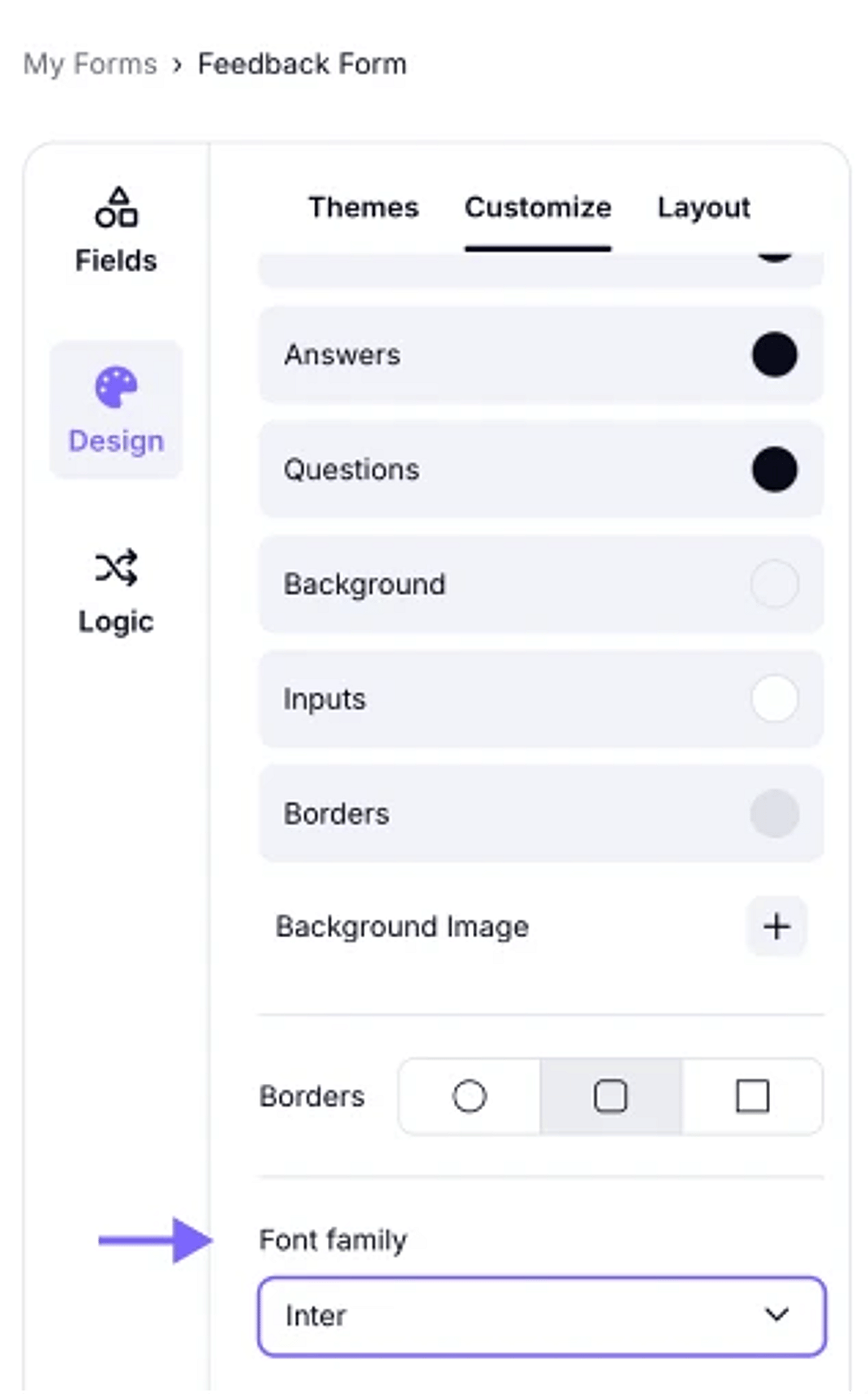 An image highlighting the Font family area and how you can select any font option and check the results instantly