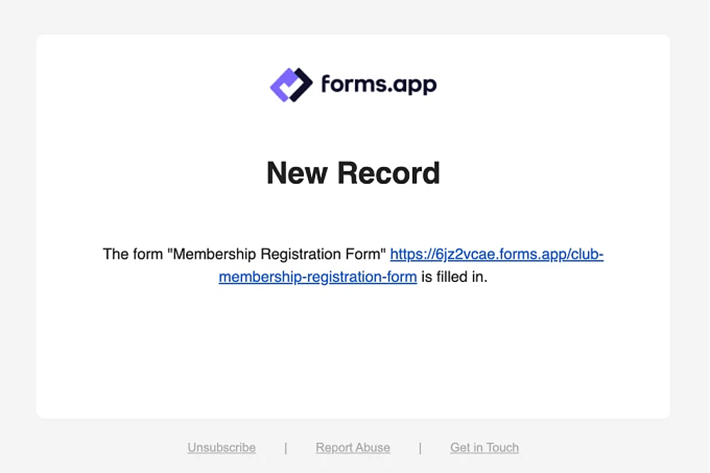 An image showing an example notification mail that you will receive after form submission
