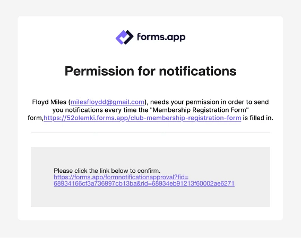 An image showing the confirmation email that will be sent to the person whose email address you added