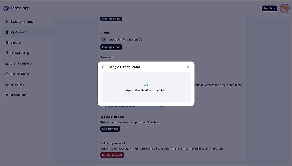 An image showing the pop-up with the successful 2FA set up and the Recovery Codes for you to copy