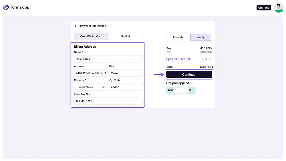 An image showing the area where you need to enter your billing address details and the “Continue” button, which you need to click after