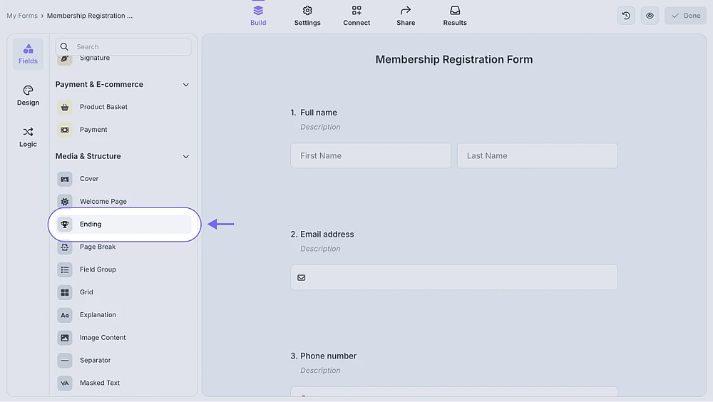 An image showing how to find the Ending field from your field menu on the left