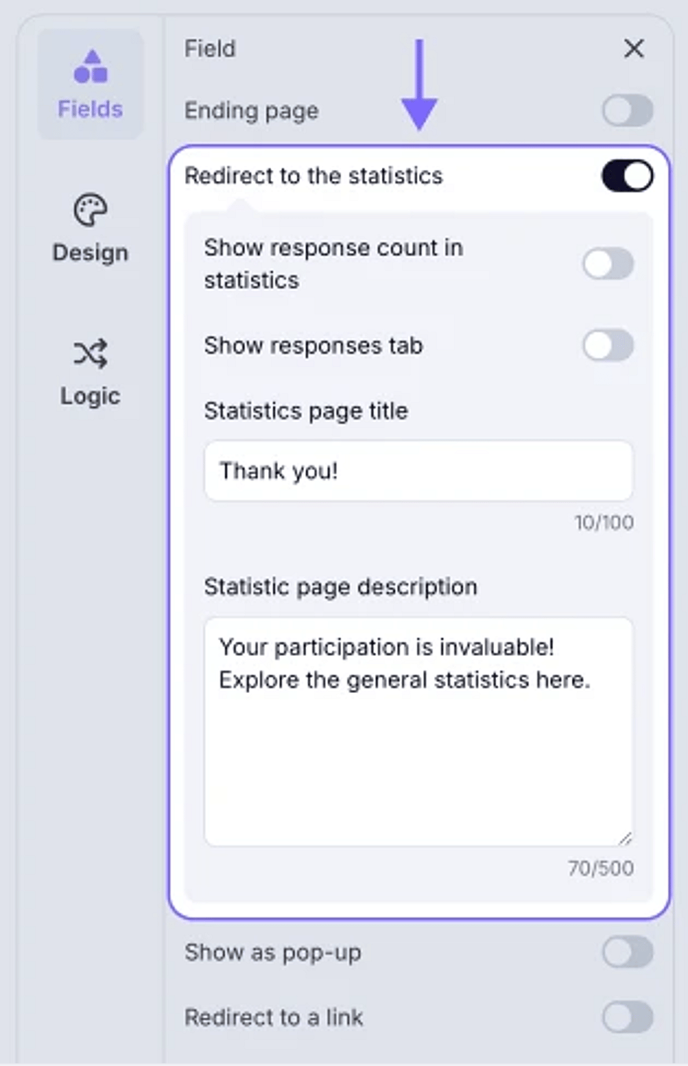An image showing the Redirect to the statistics option in the Ending page settings