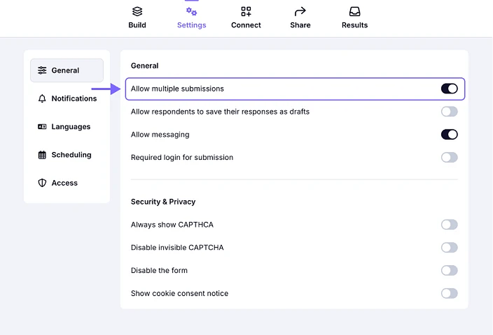 An image showing the enabled Allow multiple submissions toggle in the General settings area